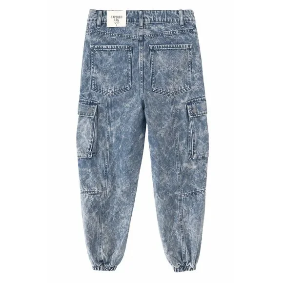 548 Women's Acid Wash Cargo Jeans Tapered Leg Utility Denim - Picture 2 of 2